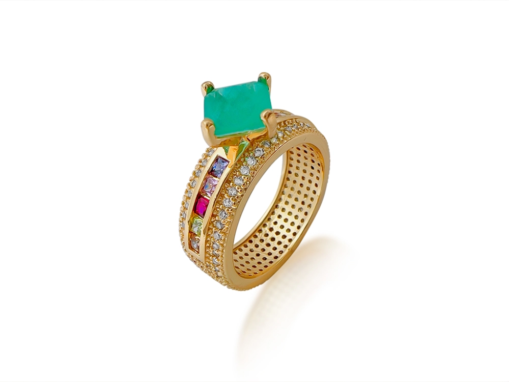 Anel Dourado Luxo Cravejado de Zircônia Fusion Verde