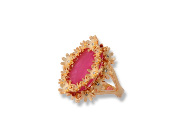 Anel Dourado Luxo Ramo de Flores Fusion Rosa Pink Oval