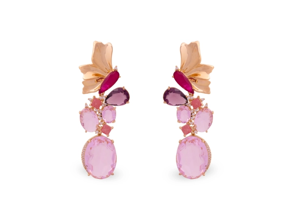 Brinco Dourado luxo Borboleta Oval Cristal Rosa Gota Ametista