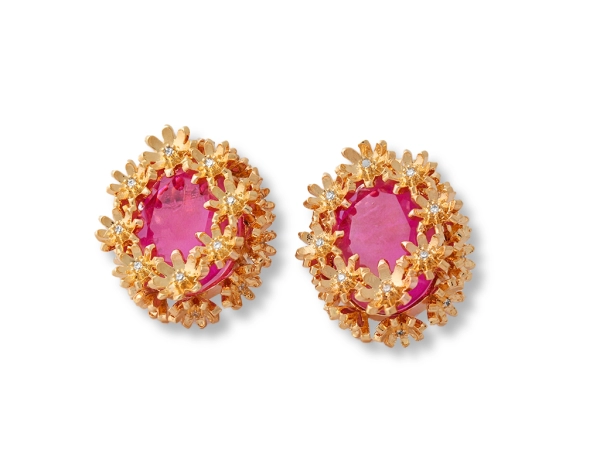 Brinco Dourado Luxo Ramo de Flores Fusion Rosa Pink Oval